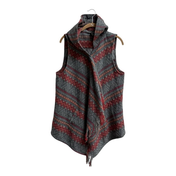 Women’s Hooded Wool Blend Aztec Boho Vest Tassel Fringe Gray Red Sweater Size M - Picture 4 of 14